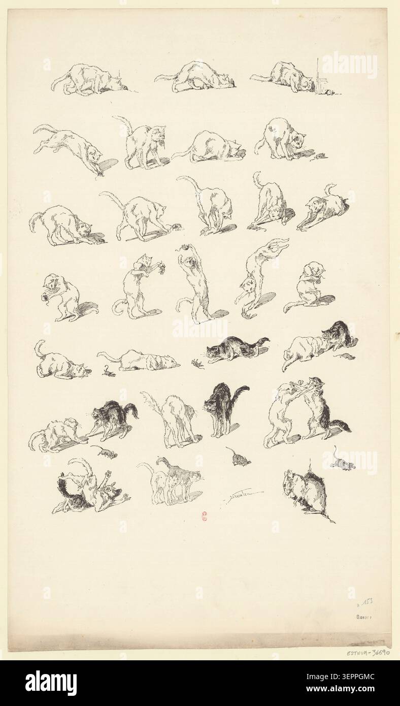 Théophile Alexandre Steinlen réalise une illustration photomécanique de 1884 pour le Chat Noir montrant des chats contrastés et une souris dans une représentation animale symbolique liée à la culture de la presse cabaret parisienne de la fin du XIXe siècle en France. Banque D'Images