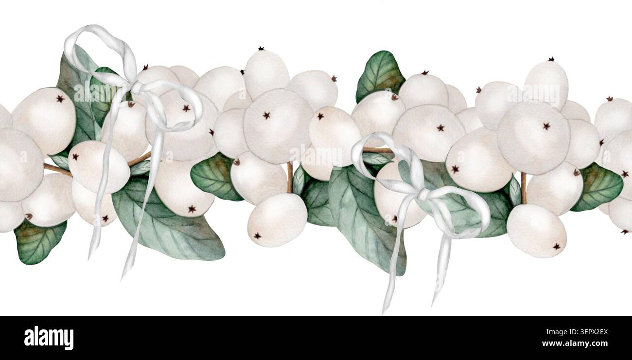 Illustration d'aquarelle de branches de Snowberry avec des noeuds de ruban. Plante de Noël dessinée à la main clip art botanique pour les vacances d'hiver cartes de voeux, floral Banque D'Images