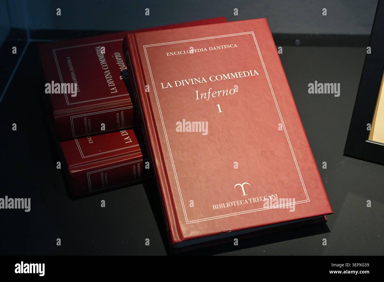 Une collection de livres intitulée « la Divina Commedia Inferno », affichée sur une table. La Divine Comédie de Dante Alighieri : L'Inferno de Dante Alighieri Banque D'Images