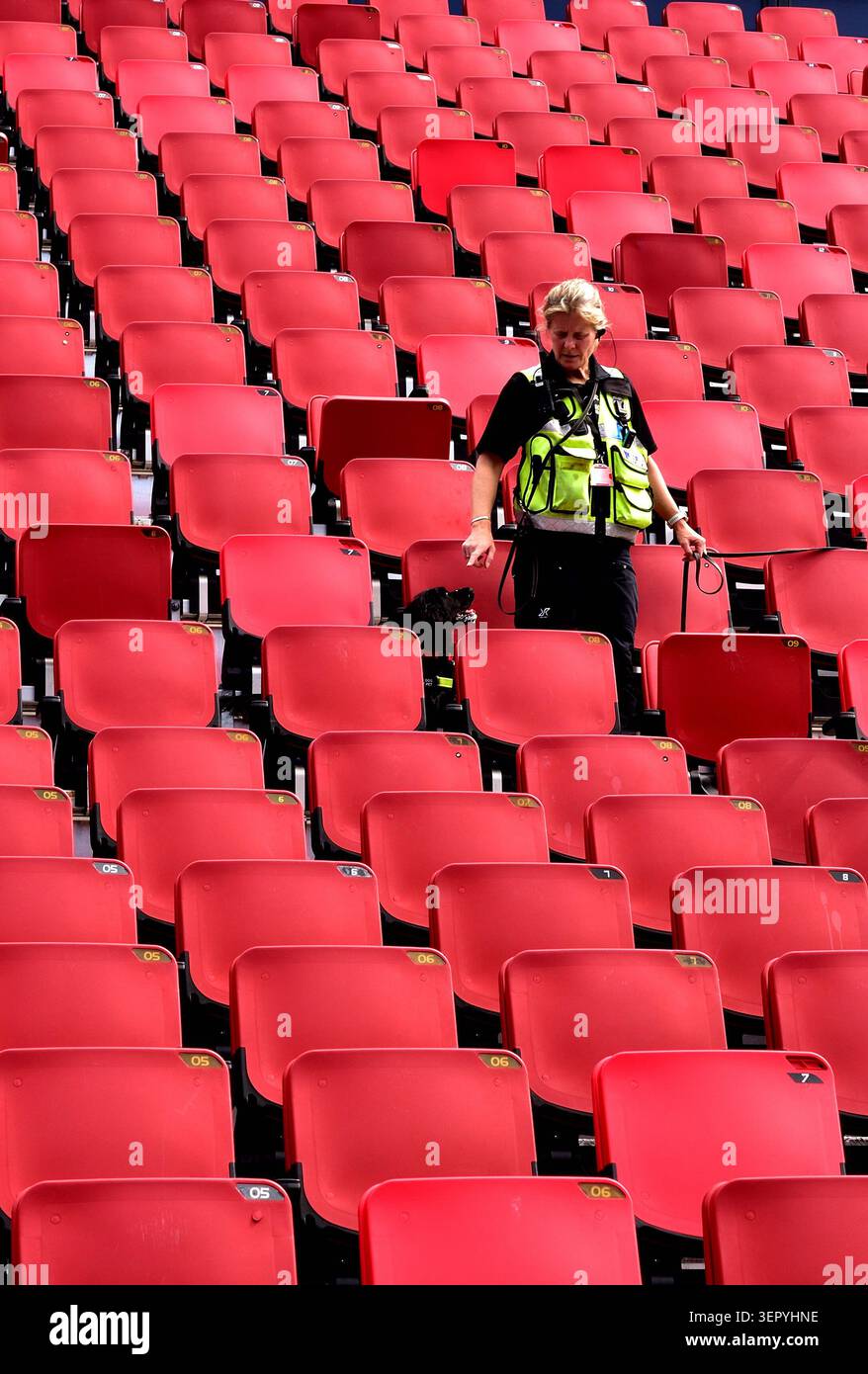 Maître-chien et chien faisant le contrôle de sécurité dans le stade vide Banque D'Images