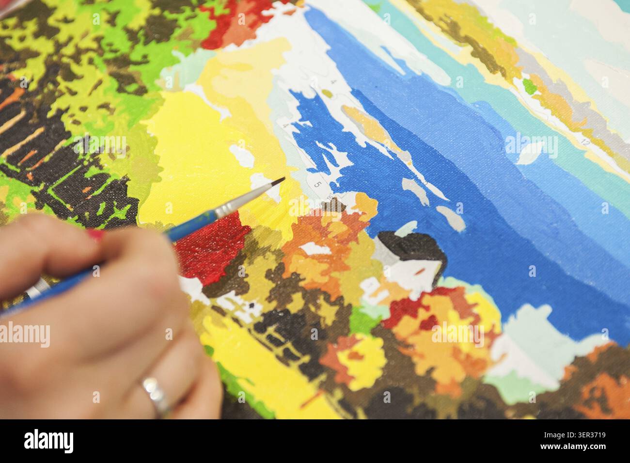 La femme peint le livre de coloriage adulte anti stress -image spéciale avec des peintures Banque D'Images