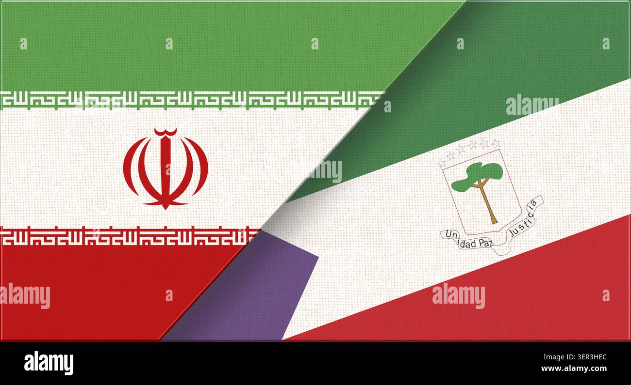 Double drapeau de l'Iran et de la Guinée équatoriale sur la texture du tissu. Drapeau de l'Iran et de la Guinée équatoriale - illustration 3D. Deux drapeaux ensemble - texture de tissu Banque D'Images