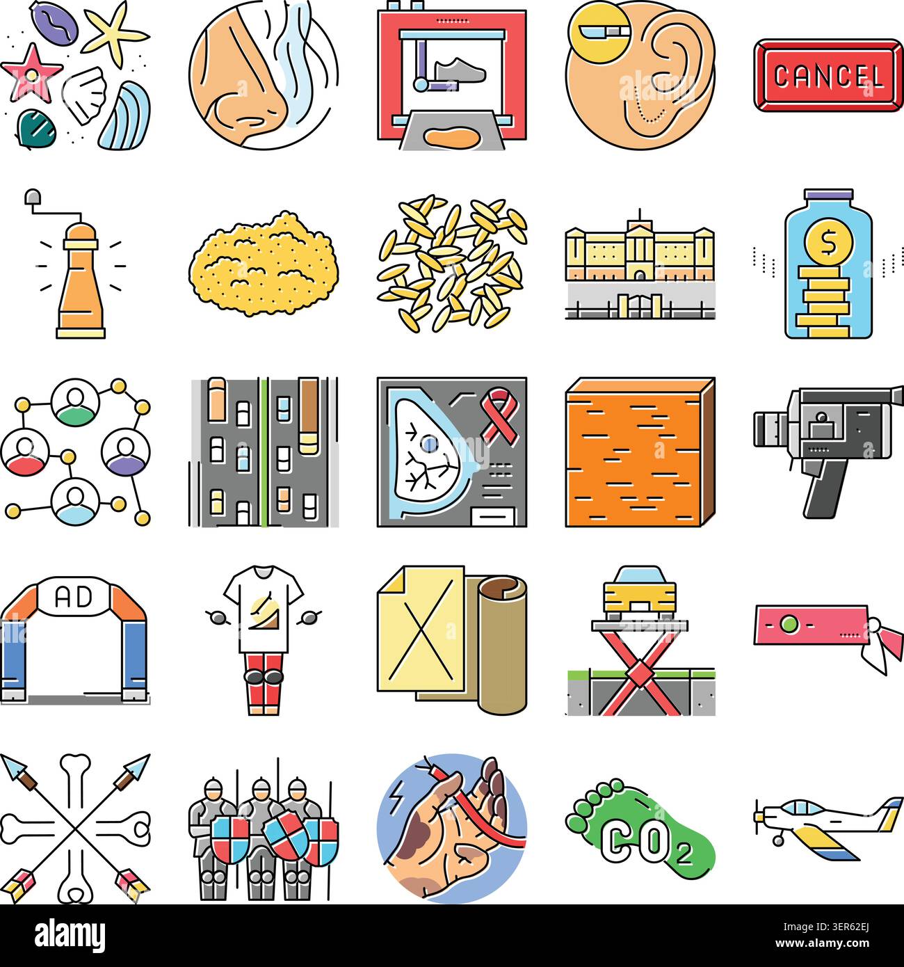 Collection de diverses icônes colorées illustrant divers concepts, y compris médical, technologie, nature, architecture, social, conception et industrie e Illustration de Vecteur