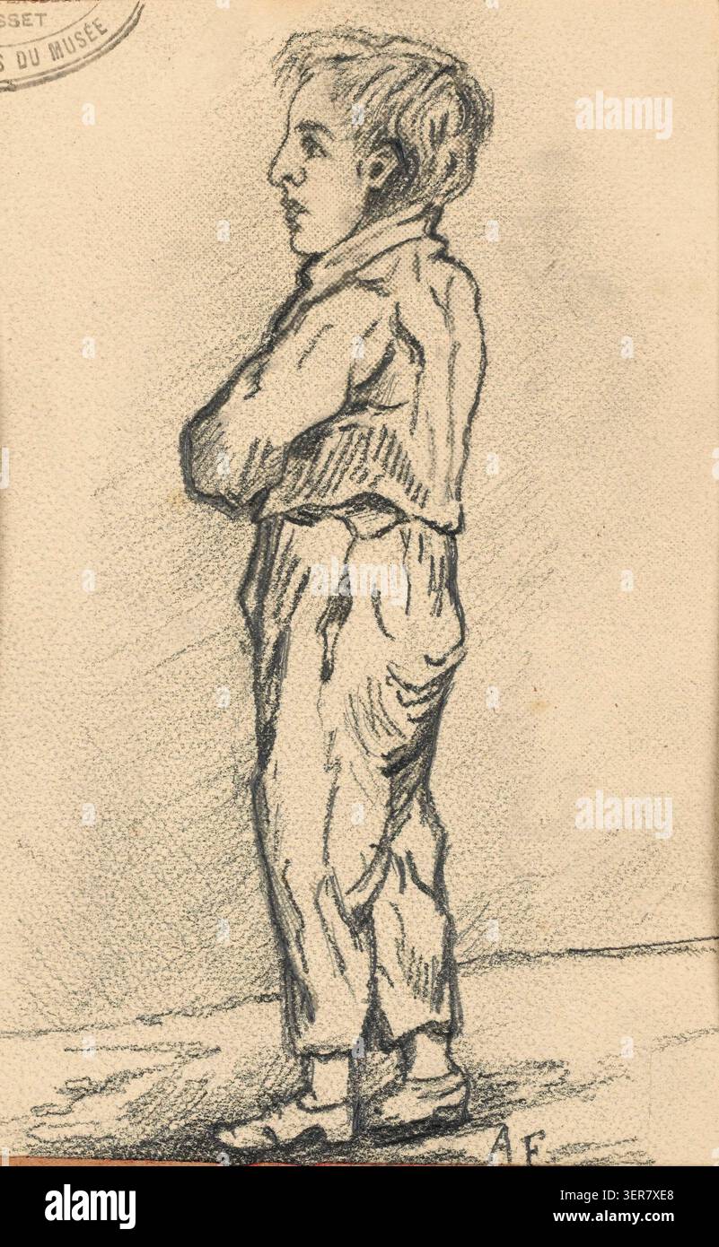 Achille Flaubert réalise un portrait de Gustave Flaubert durant son enfance, présentant une ressemblance précoce basée sur le souvenir des traits familiaux et de l'apparence jeune associés à Gustave Flaubert (1821-1880). Le dessin met l'accent sur la représentation biographique de sa jeunesse et de son contexte familial. Banque D'Images