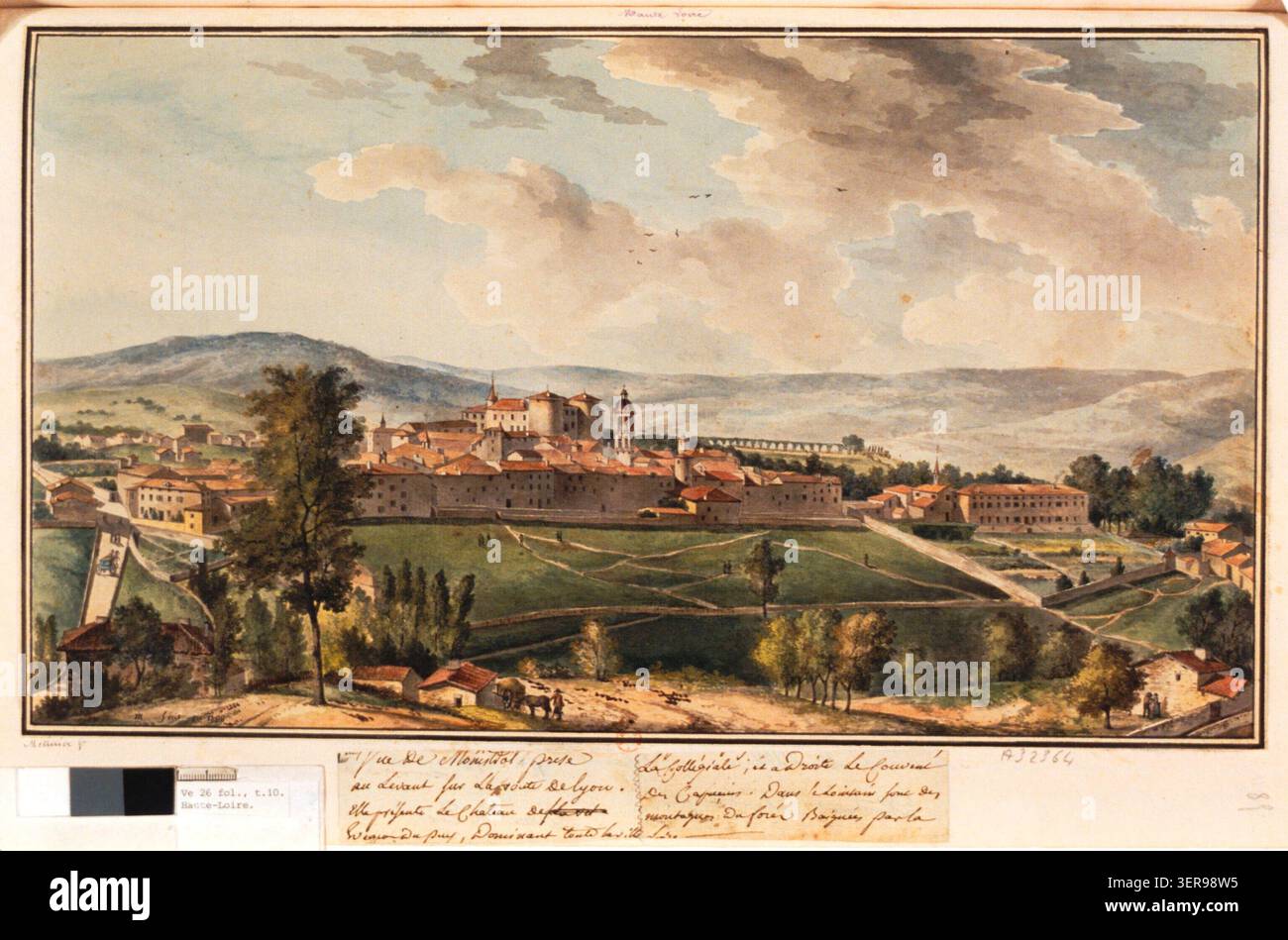 Antoine Meunier réalise un dessin de Monistrol-sur-Loire en 1788, vu de l'est sur la route de Lyon, incluant des vues sur le château, l'église Saint-Marcellin, et le paysage des Monts du Forez environnant en France. Banque D'Images