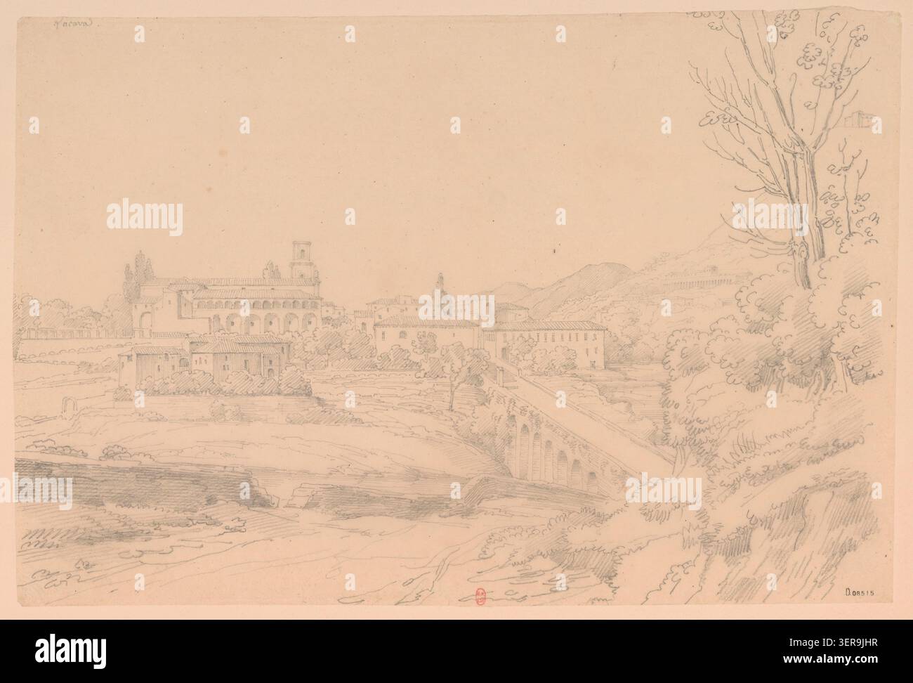 Le dessin donne une vue d'ensemble de l'abbaye de la Sainte Trinité à Cava de' Tirreni en Italie, créée en 1824 par Henri Labrouste, présentant le complexe monastique dans son paysage lors de son étude italienne de l'architecture ecclésiastique. Banque D'Images