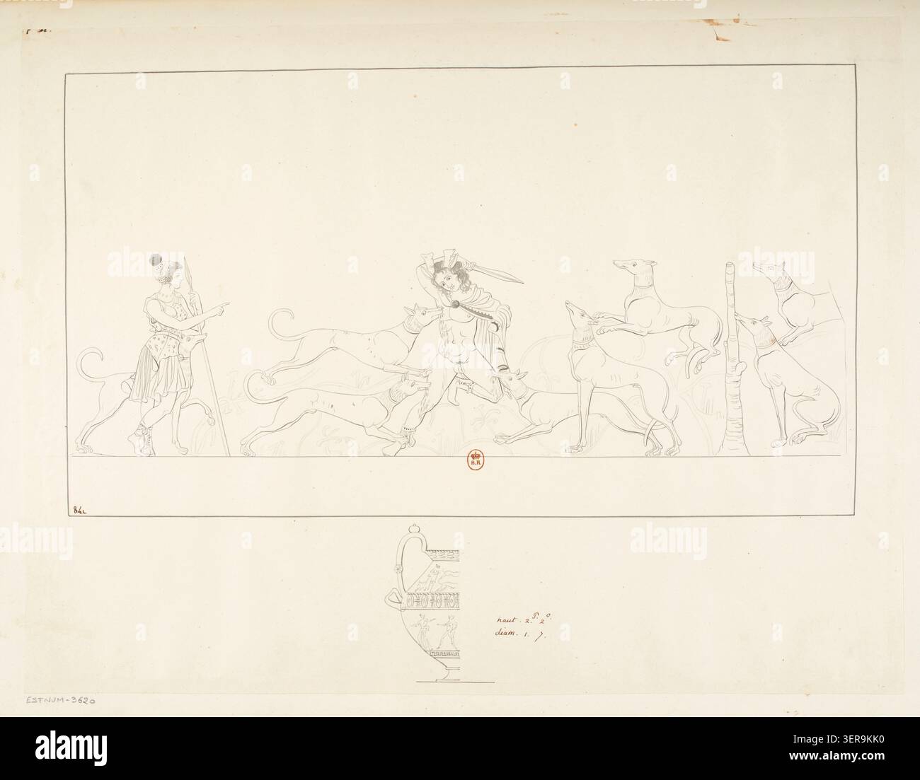 Un dessin archéologique montre un vase grec rouge nestoris illustrant la mort mythologique d'Actaeon avec Artémis présent, enregistré en 1814 dans une collection classique d'étude de vases de scènes de mythes et de poteries peintes. Banque D'Images