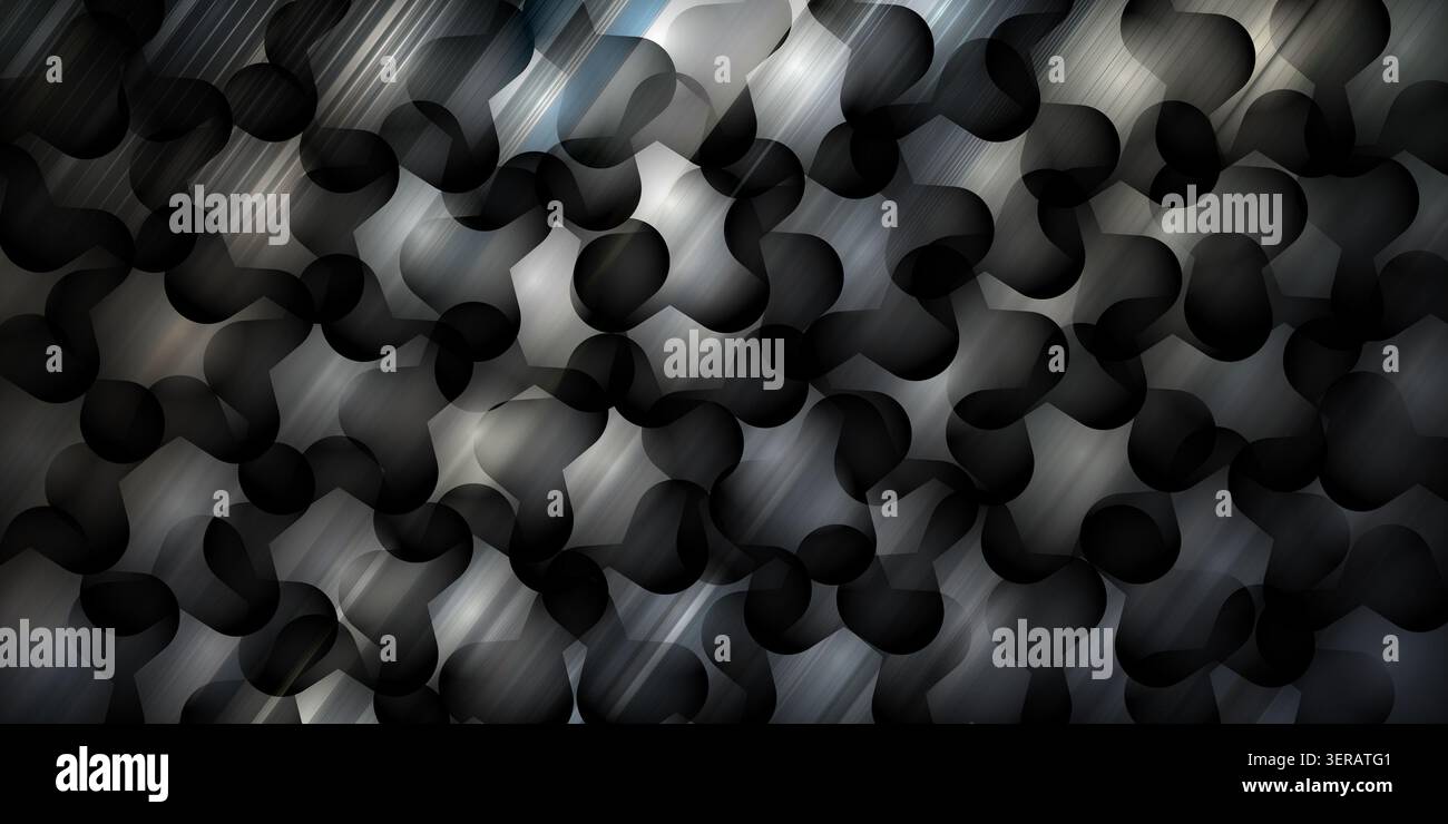 Un fond abstrait sombre et sophistiqué avec un motif répétitif de formes arrondies et de légères stries diagonales douces sur une texture de métal brossé. Banque D'Images