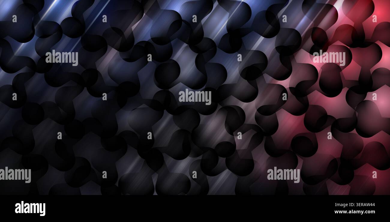 Un fond d'art numérique abstrait avec des formes arrondies sombres et superposées contrastées par des stries lumineuses diagonales rouges et bleues éclatantes. Banque D'Images