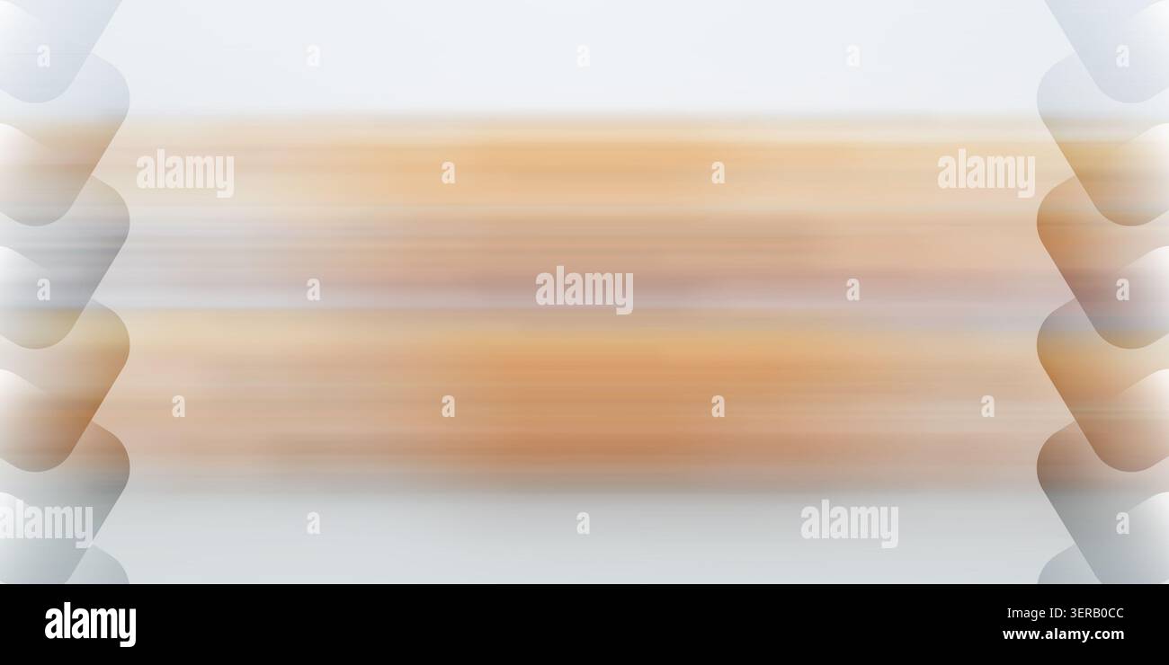 Un fond abstrait lumineux et aéré avec un effet de flou de mouvement horizontal dans des tons chauds beige et blanc, encadré par des motifs latéraux géométriques. Banque D'Images