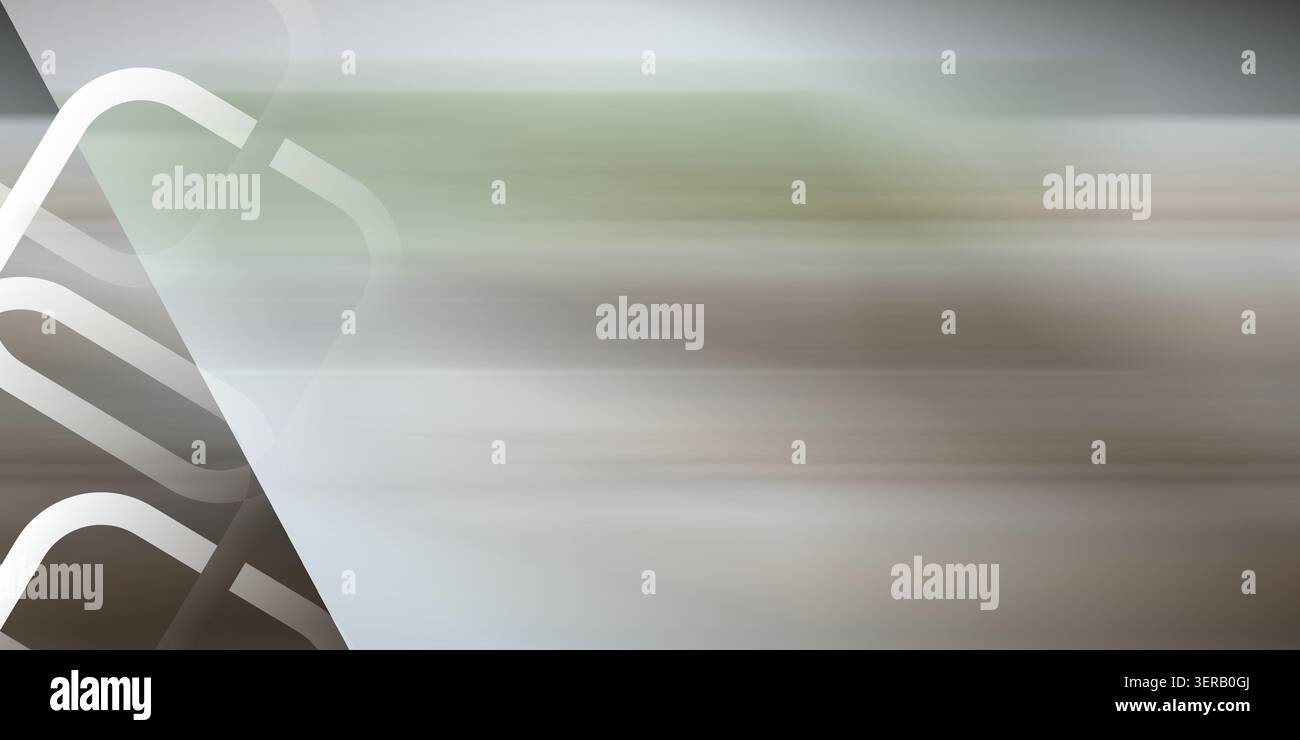 Un fond abstrait dynamique avec un flou de mouvement horizontal dans des tons gris et beige neutres, recouvert de formes géométriques blanches et épurées. Banque D'Images