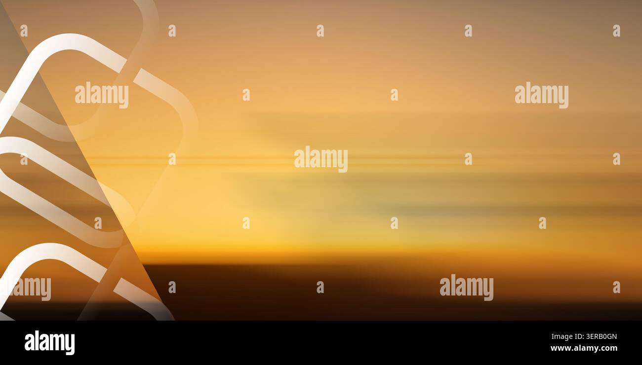 Un fond abstrait dynamique avec un coucher de soleil doré avec des effets de flou de mouvement et des cadres carrés géométriques blancs superposés sur le côté gauche. Banque D'Images