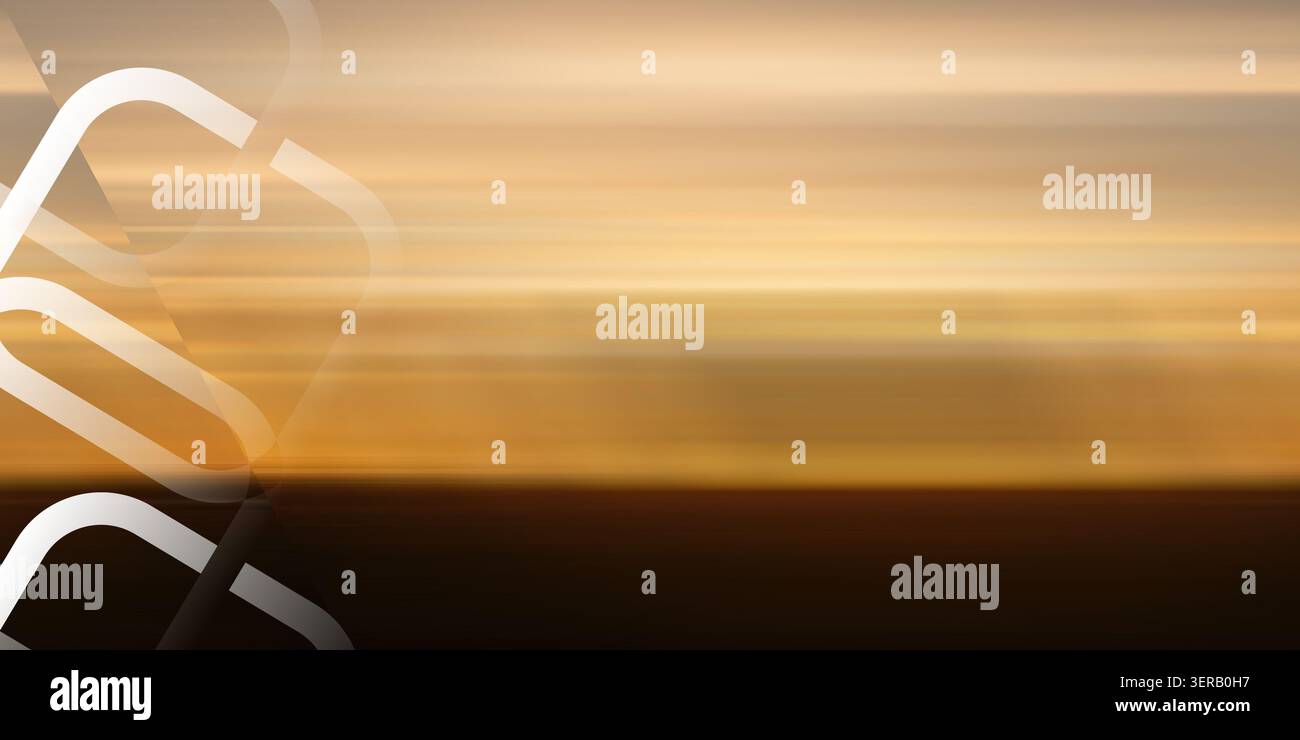 Une composition abstraite montrant un horizon de coucher de soleil doré flou avec des contours carrés géométriques blancs superposés sur le côté gauche du cadre. Banque D'Images