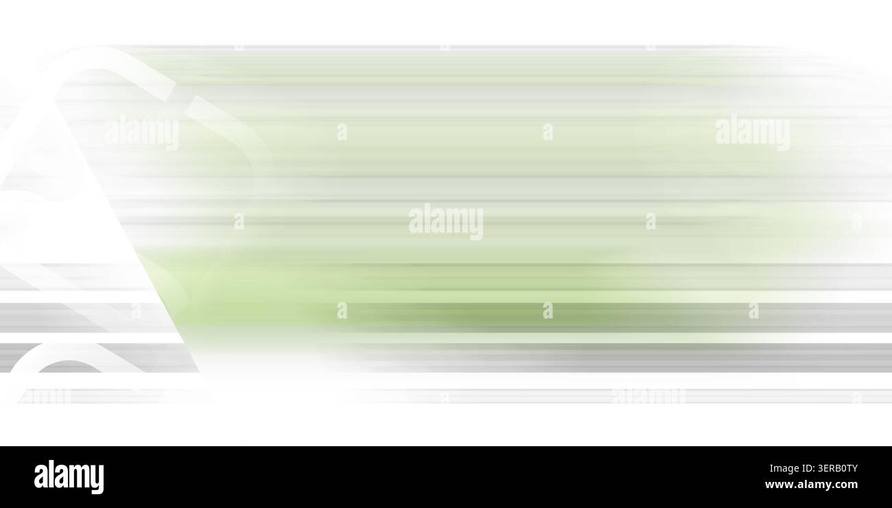 Un fond abstrait clair avec des stries de flou de mouvement horizontal dans des tons verts et blancs doux, avec des formes géométriques carrées arrondies blanches. Banque D'Images