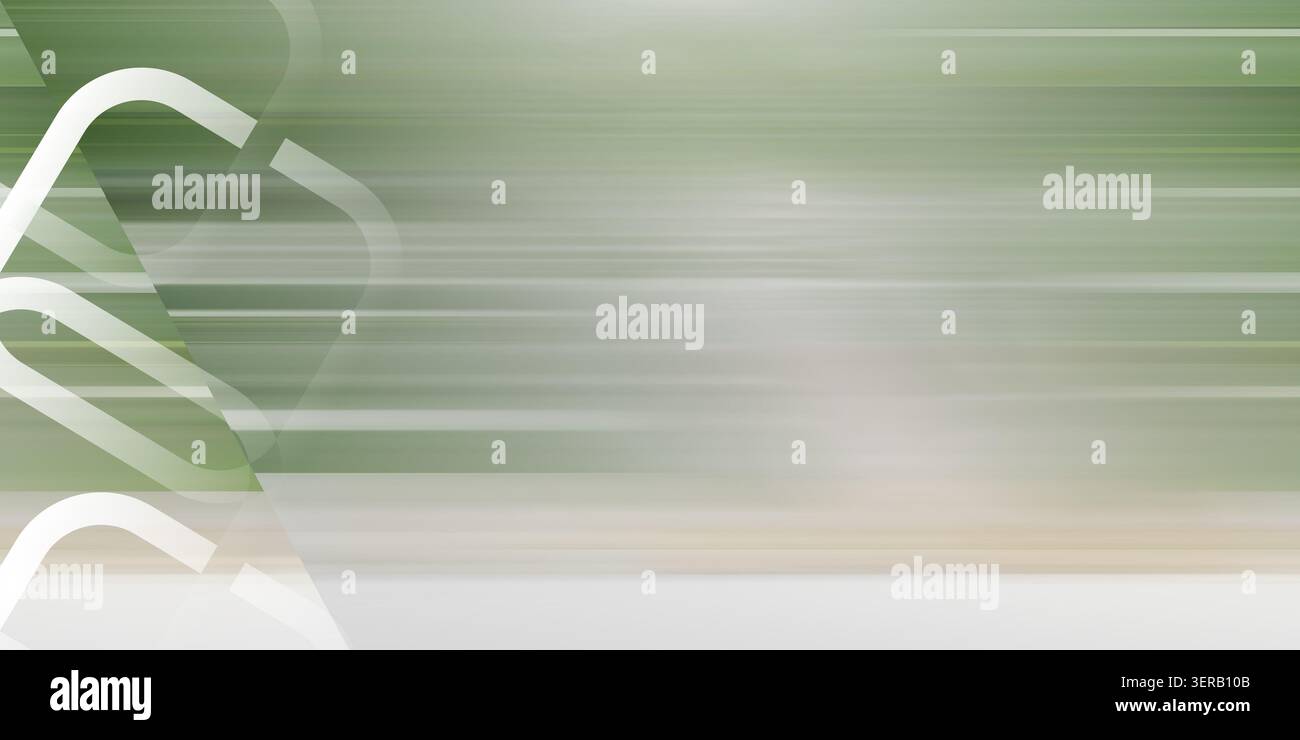 Fond abstrait avec des lignes de flou de mouvement horizontal dans des tons verts et blancs doux avec des formes géométriques blanches se chevauchant sur le côté gauche. Banque D'Images