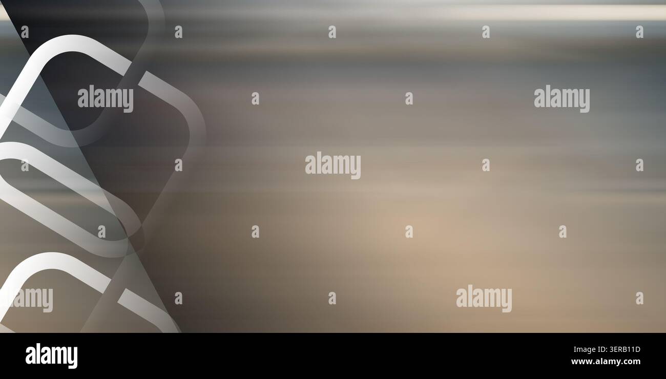 Fond abstrait avec des lignes de flou de mouvement horizontal dans des tons gris et beige neutres avec des formes géométriques blanches se chevauchant sur le côté gauche. Banque D'Images