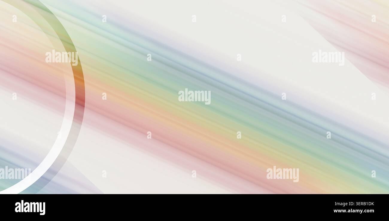 Un fond d'art numérique abstrait avec des lignes diagonales douces dans des couleurs arc-en-ciel pastel et une forme courbe blanche proéminente sur le côté gauche. Banque D'Images