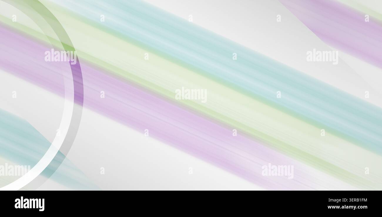 Un fond abstrait moderne avec de douces bandes diagonales pastel en vert clair, bleu et violet, accentuées par d'élégantes lignes courbes blanches. Banque D'Images