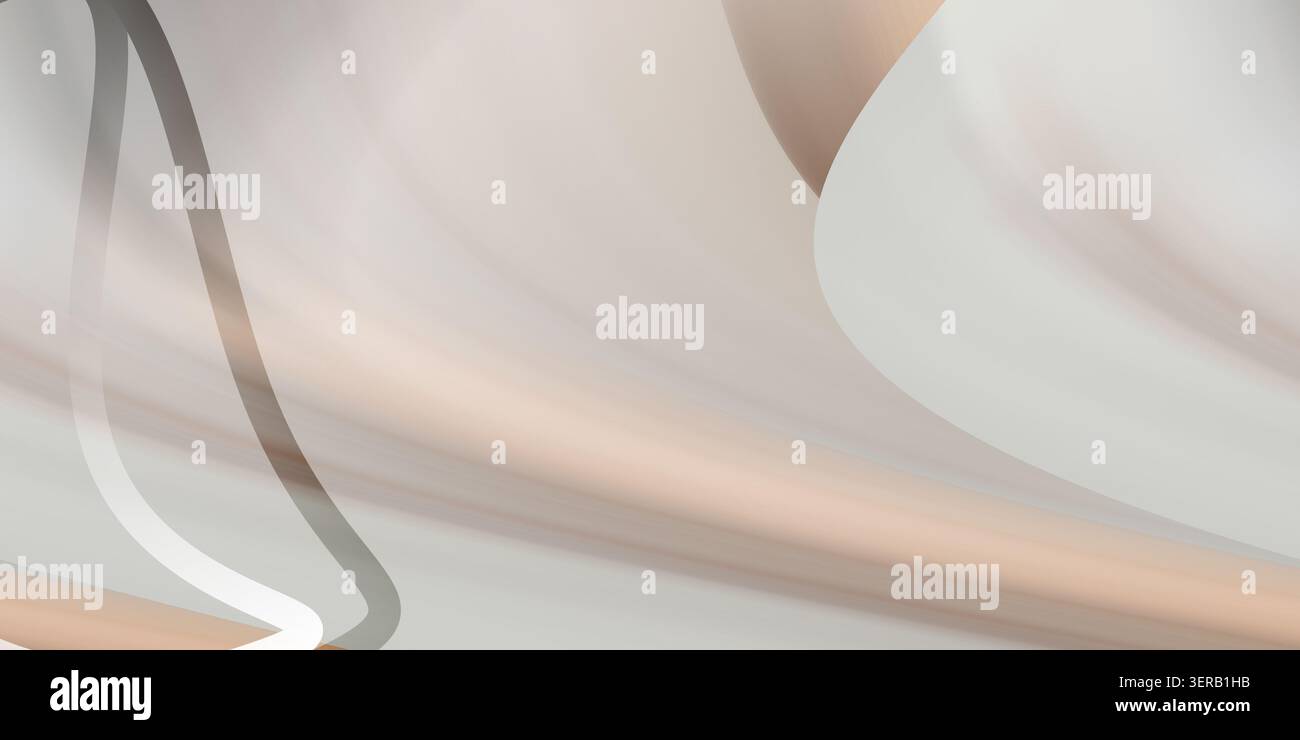 Un fond d'art numérique abstrait avec des courbes et des lignes beiges et blanches lisses et fluides créant une sensation de mouvement et de profondeur. Banque D'Images