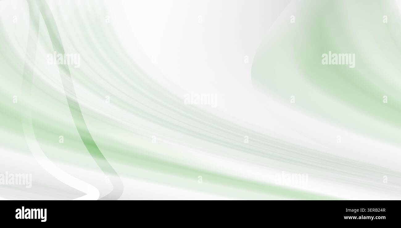 Un fond abstrait avec des lignes fluides et fluides et des vagues dans des tons de vert clair et blanc, créant une esthétique douce et moderne. Banque D'Images