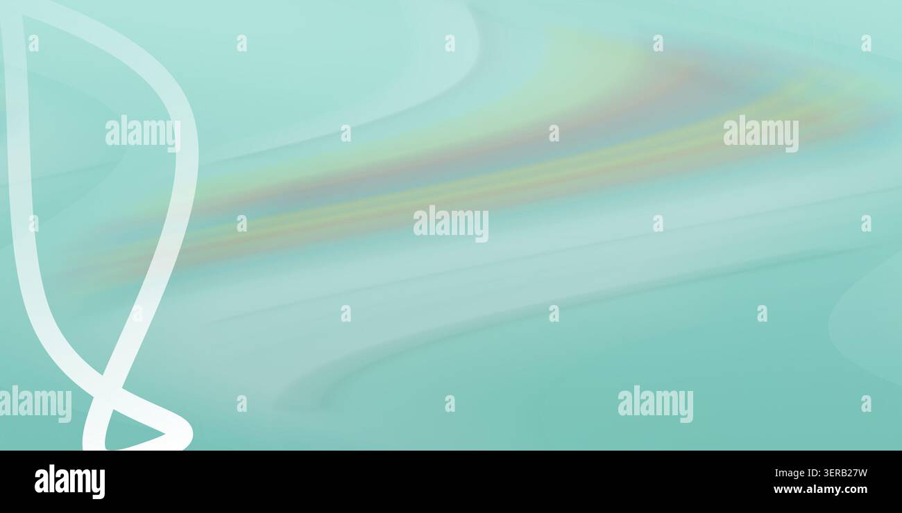 Fond abstrait avec des motifs de vagues doux et fluides et de doux dégradés vert pastel avec un élément graphique incurvé blanc subtil sur la gauche. Banque D'Images