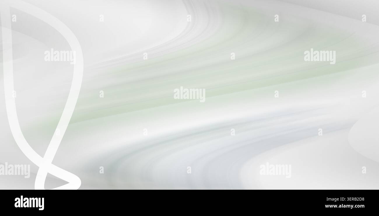 Un fond abstrait avec des vagues lisses et fluides de tons gris clair et vert doux avec un élément stylisé de ligne blanche sur le côté gauche. Banque D'Images