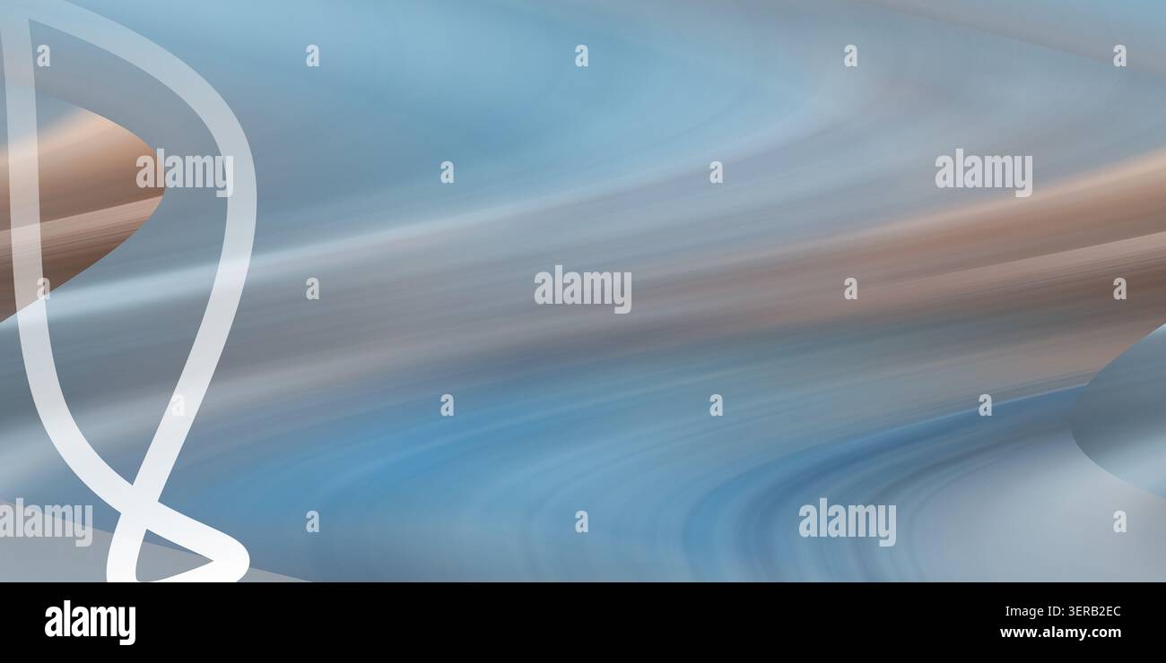 Un fond d'art numérique abstrait avec des vagues fluides et fluides dans les tons de bleu et de brun, accentué par une ligne courbe blanche proéminente sur la gauche. Banque D'Images