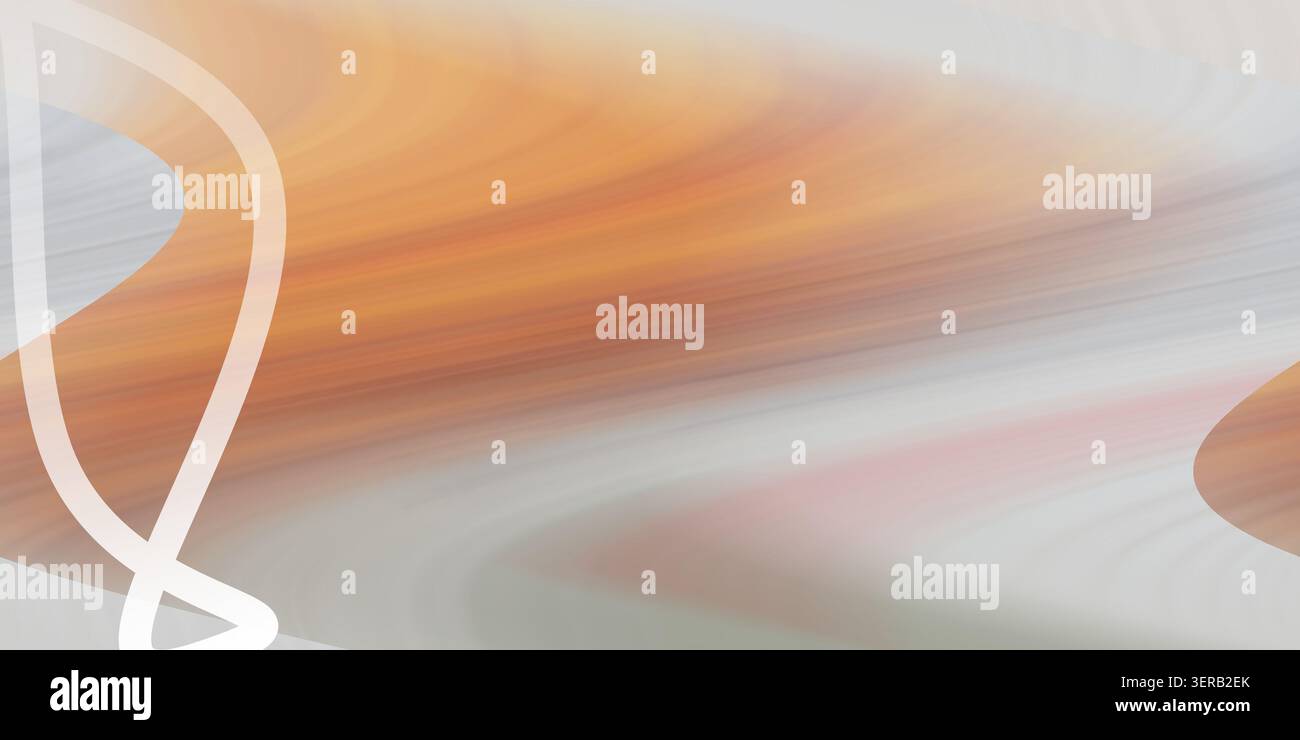 Un fond abstrait avec des vagues dynamiques dans des tons orange vifs, gris et rose doux, accentués par une ligne courbe blanche sur la gauche. Banque D'Images
