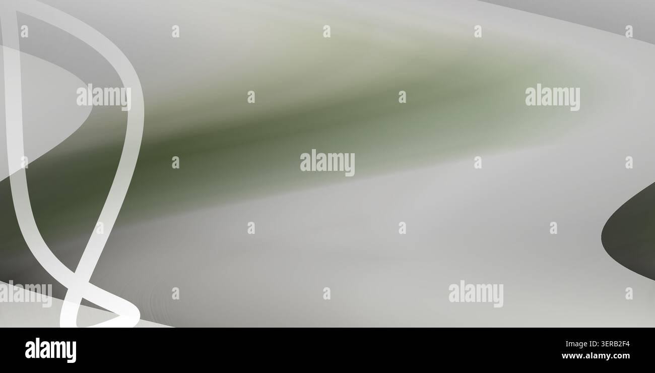 Un fond abstrait minimaliste présentant des dégradés gris clair doux et vert subtil, mis en évidence par des lignes courbes blanches et nettes. Banque D'Images