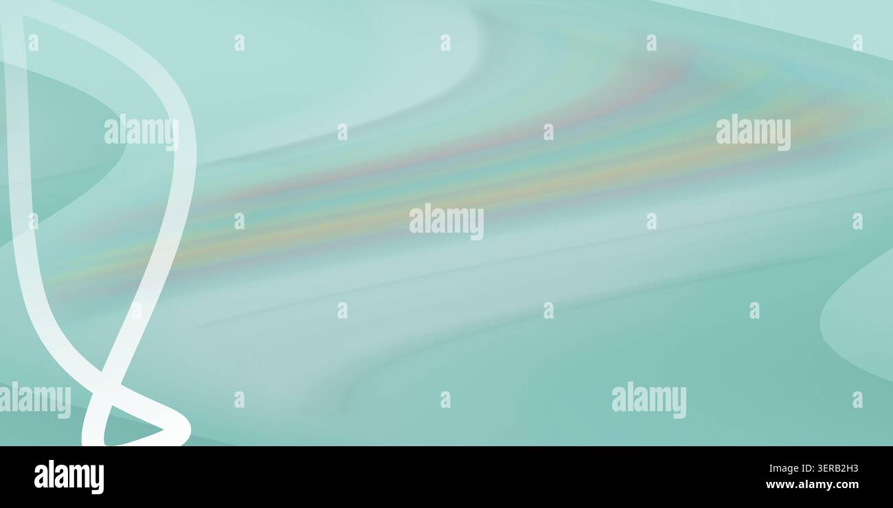 Un fond abstrait avec des vagues fluides et fluides dans des teintes sarcelle douces avec des réfractions subtiles de lumière arc-en-ciel et un élément graphique blanc. Banque D'Images