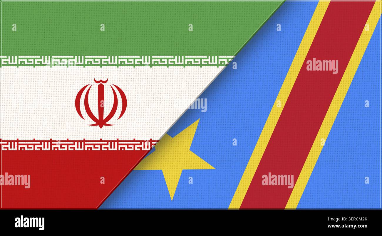 Double drapeau de l'Iran et de la Guinée équatoriale sur la texture du tissu. Drapeau de l'Iran et de la Guinée équatoriale - illustration 3D. Deux drapeaux ensemble - texture de tissu Banque D'Images