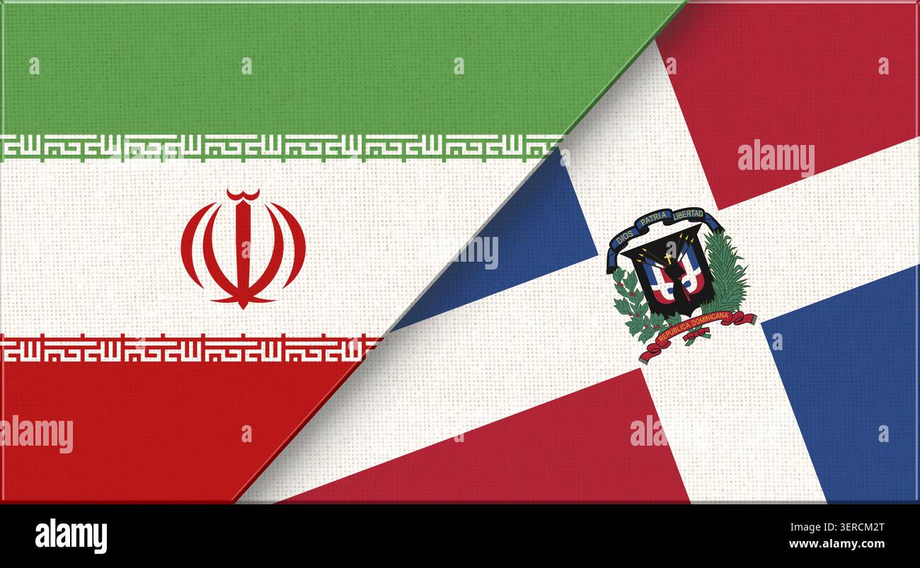 Double drapeau de l'Iran et de la Guinée équatoriale sur la texture du tissu. Drapeau de l'Iran et de la Guinée équatoriale - illustration 3D. Deux drapeaux ensemble - texture de tissu Banque D'Images