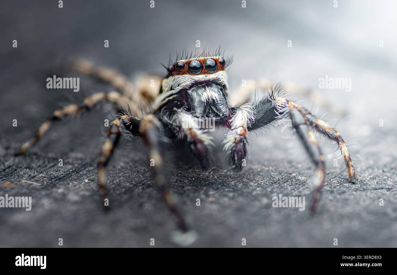 Petite araignée sautante marchant sur une surface texturée, montrant son corps détaillé, ses jambes velues et ses grands yeux proéminents en vue macro. Photo de Thaïlande Banque D'Images