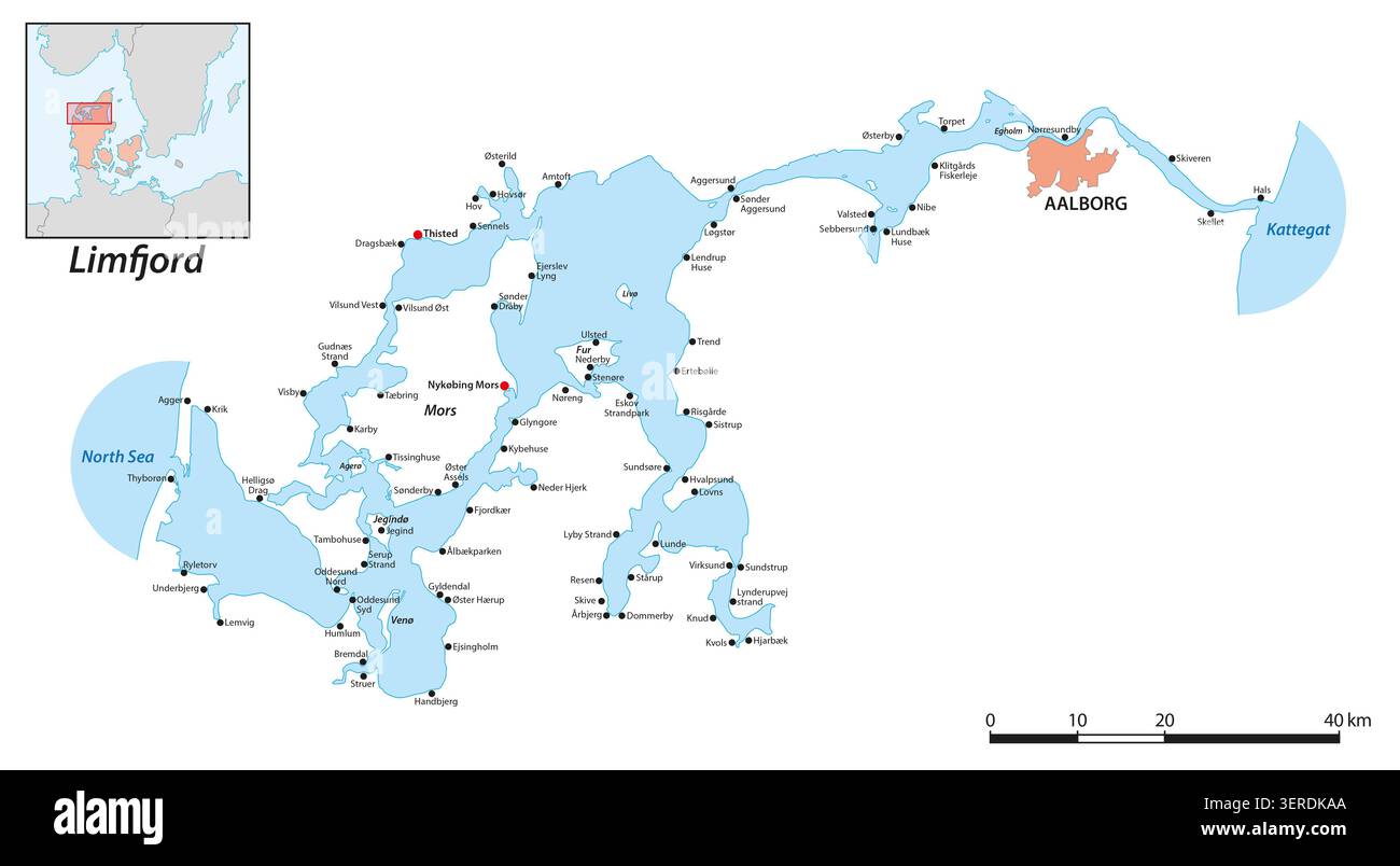 Carte du Limfjord danois entre la mer du Nord et le Kattegat Banque D'Images