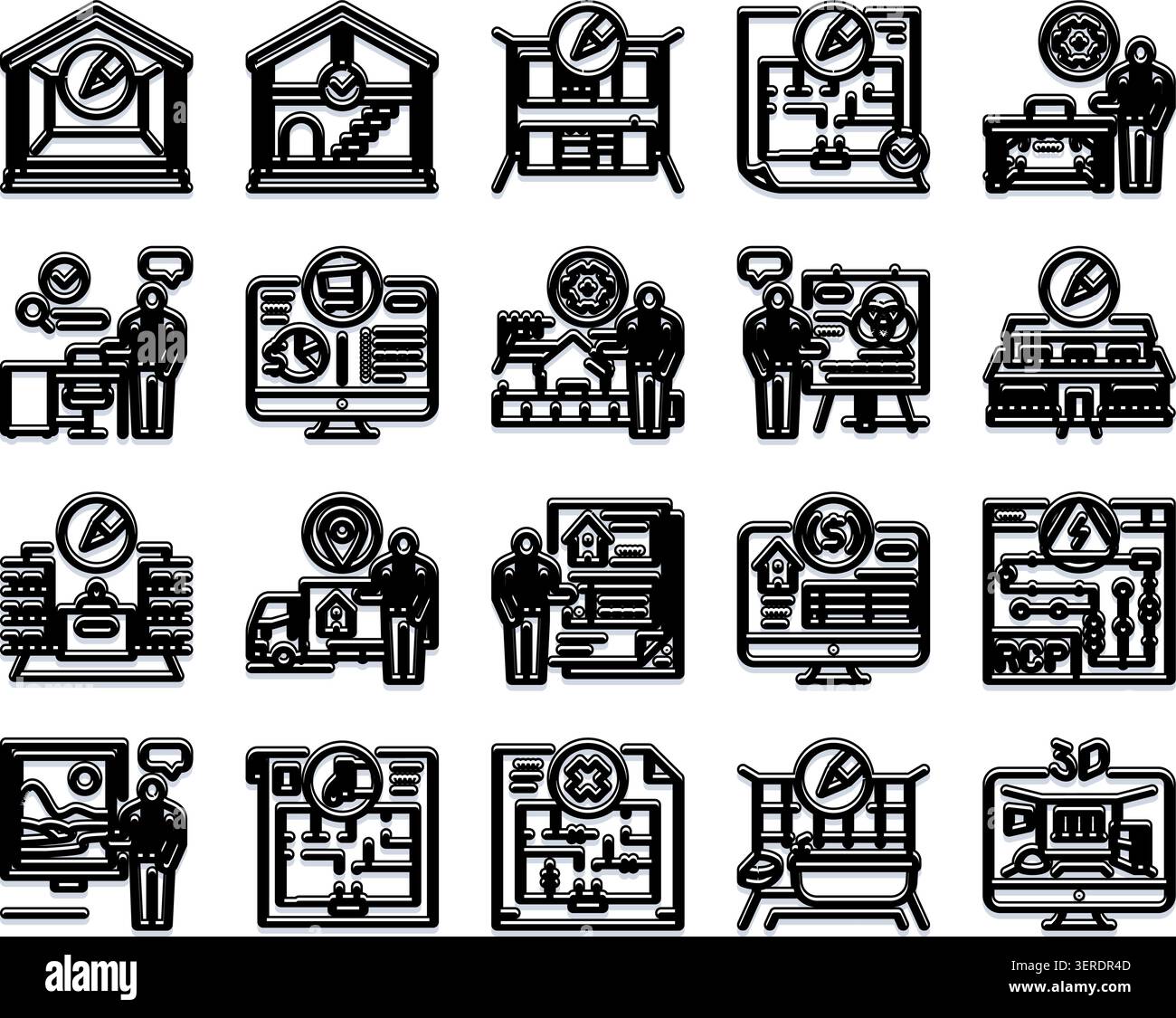 Collection d'icônes d'architecture et d'ingénierie illustrant toutes les étapes du développement immobilier, des plans directeurs et de la planification de la construction à Illustration de Vecteur