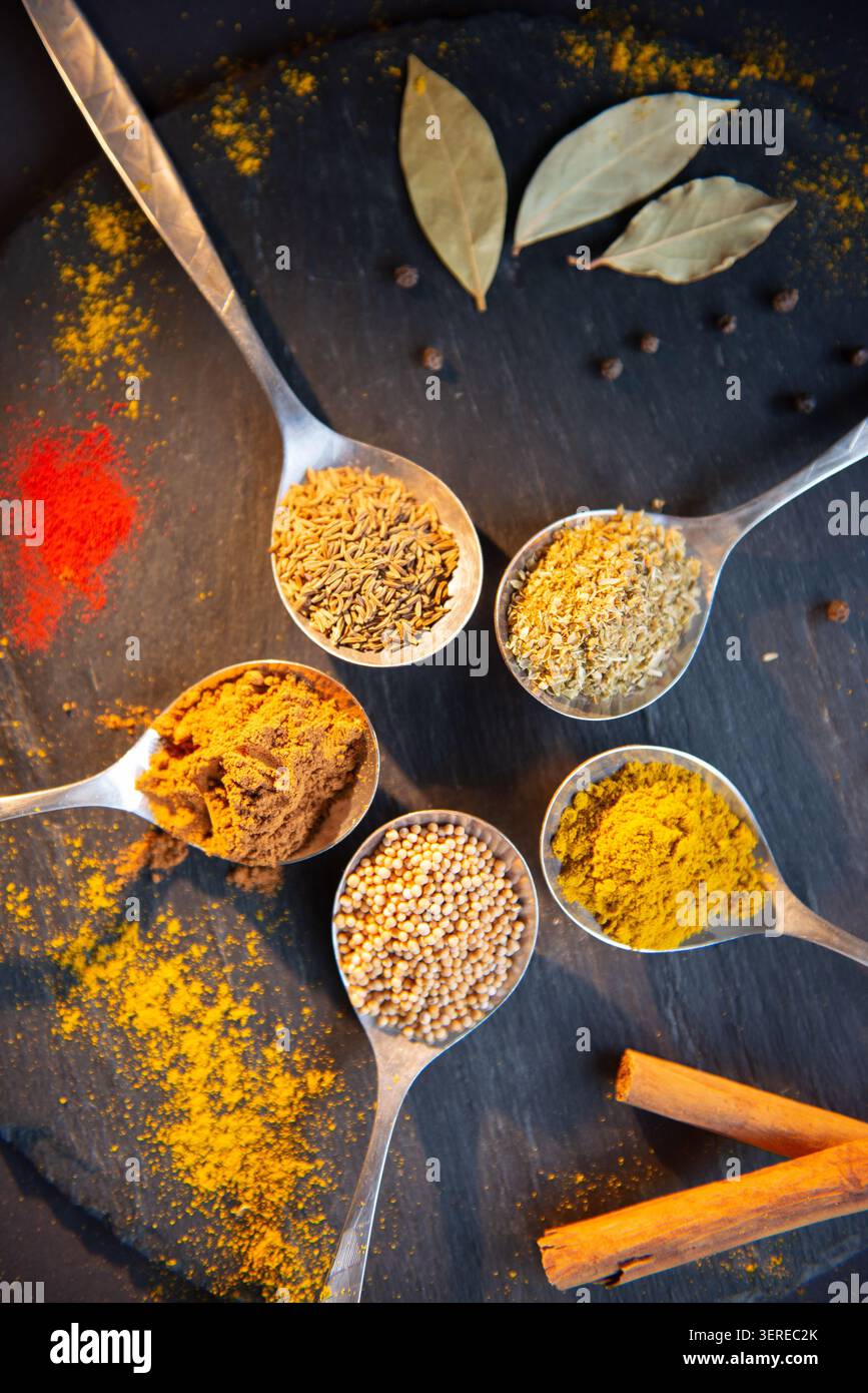 Épices culinaires sur fond noir : curry, cannelle, laurier, moutarde, poivre noir. Banque D'Images