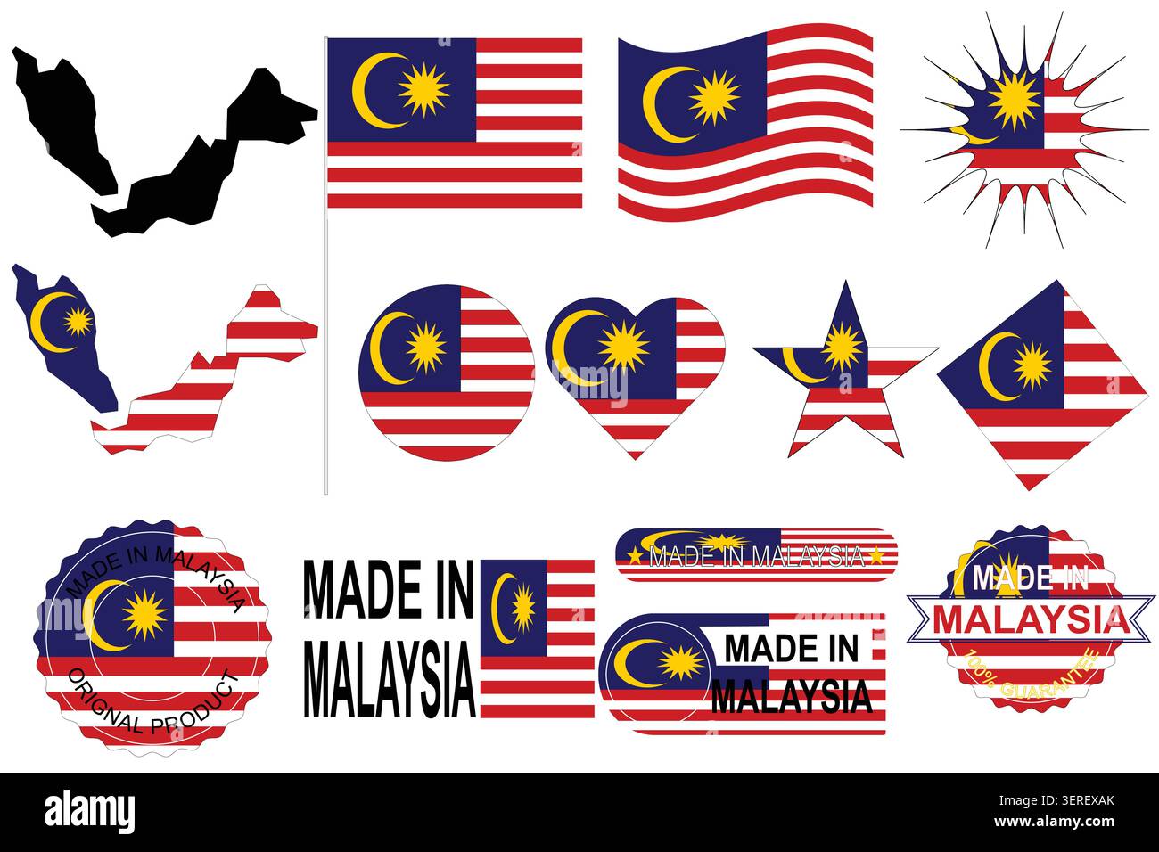 Ensemble vectoriel plat représentant l'identité nationale malaisienne comprenant des drapeaux, la silhouette de la carte du pays, des symboles de croissant de lune et d'étoile et « Made in Malaysia ». Illustration de Vecteur
