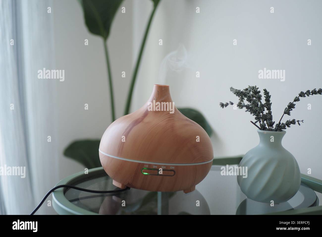 Diffuseur en bois libère de la vapeur dans un cadre moderne Banque D'Images