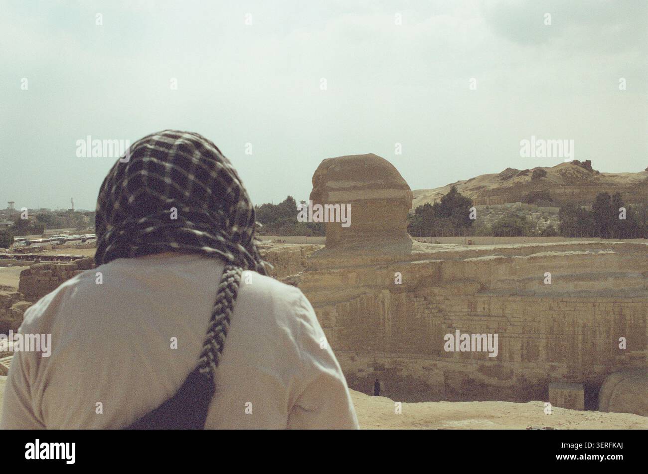 Photographie de film 35mm d'une personne vue de derrière, portant un foulard noir et blanc en keffiyeh avec une queue tressée, regardant vers le Grand Sphi Banque D'Images