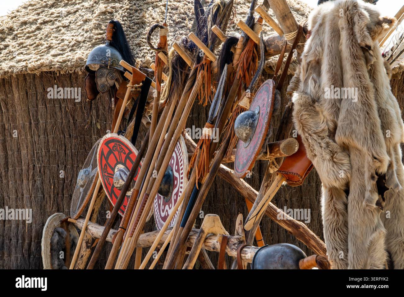 Ancien équipement guerrier celtique avec boucliers lances et fourrure Banque D'Images