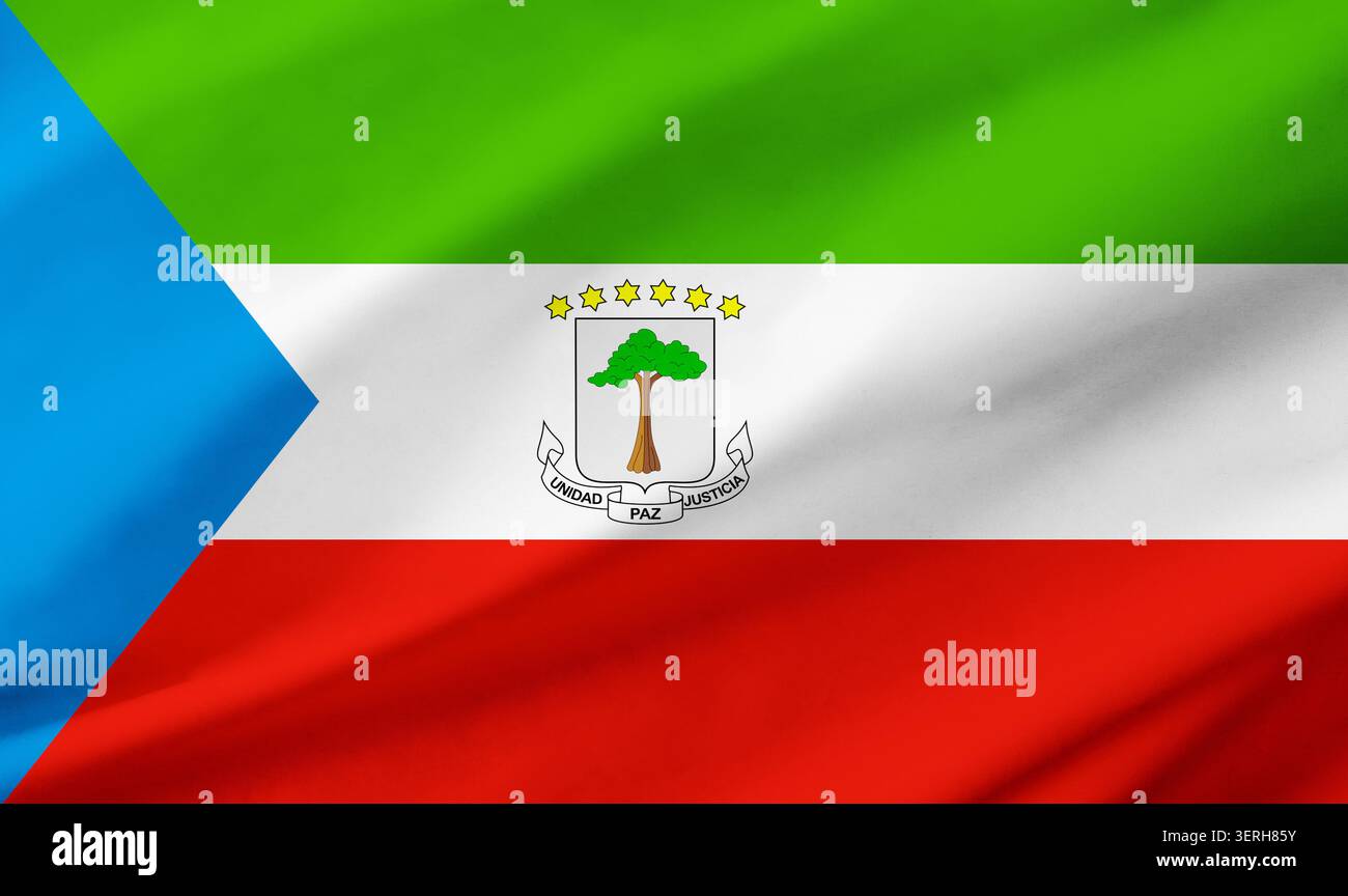 Détail de fond du drapeau de Guinée équatoriale occupant tout le cadre avec la texture de tissu ondulant. Banque D'Images