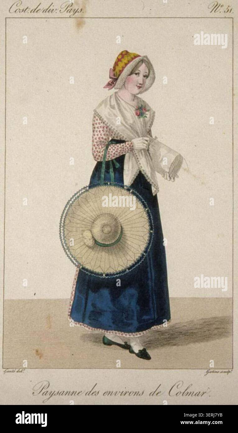 Lithographie présente une paysanne des environs de Colmar en Alsace portant un costume régional traditionnel reflétant la vie rurale et les pratiques vestimentaires villageoises du XIXe siècle dans les communautés rurales françaises. Banque D'Images