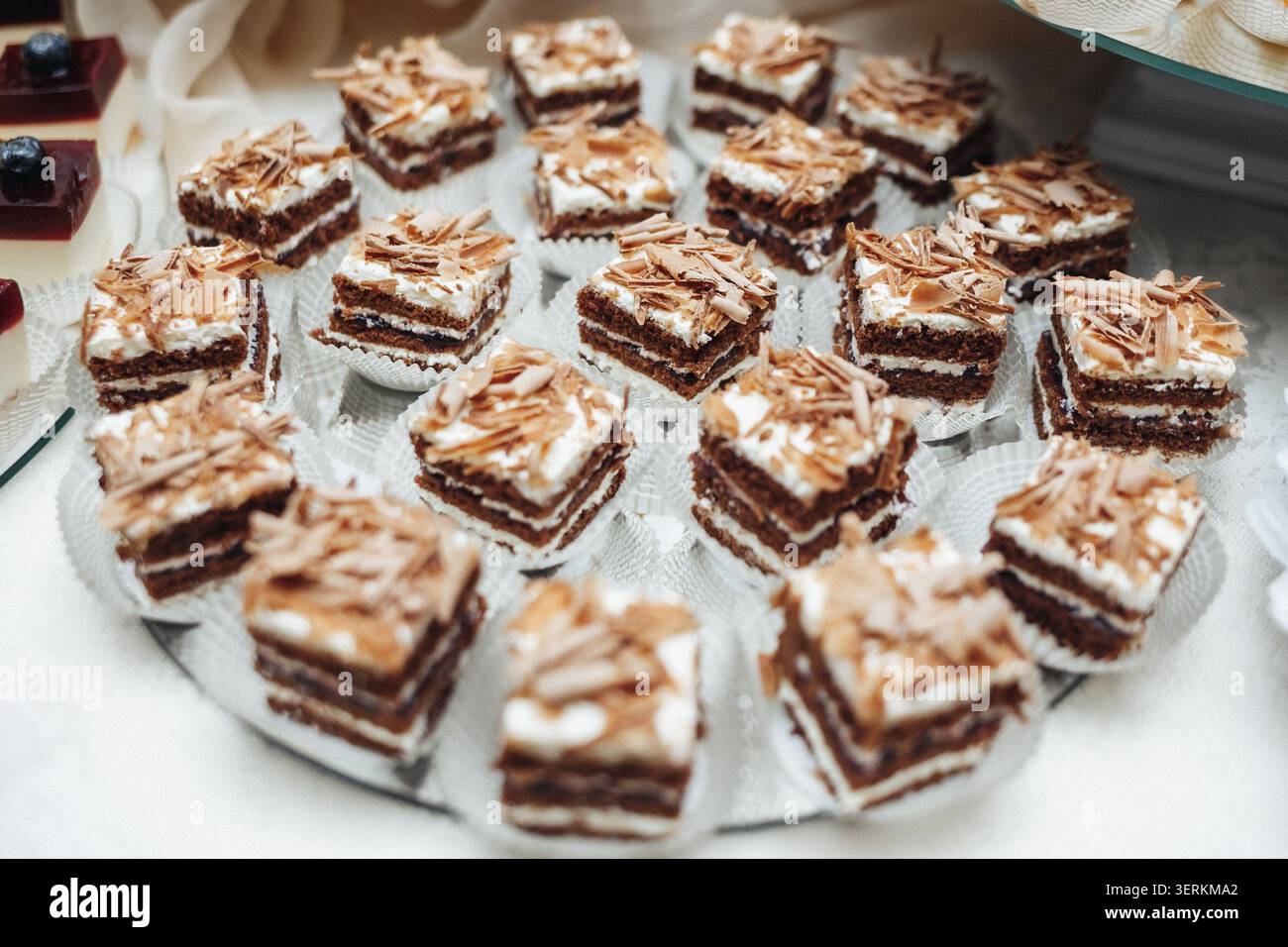 Carrés de chocolat délicats nappés de crème fouettée et de noix. Chaque pièce a une texture en couches et des copeaux dorés. Ils reposent sur une portion blanche et propre Banque D'Images