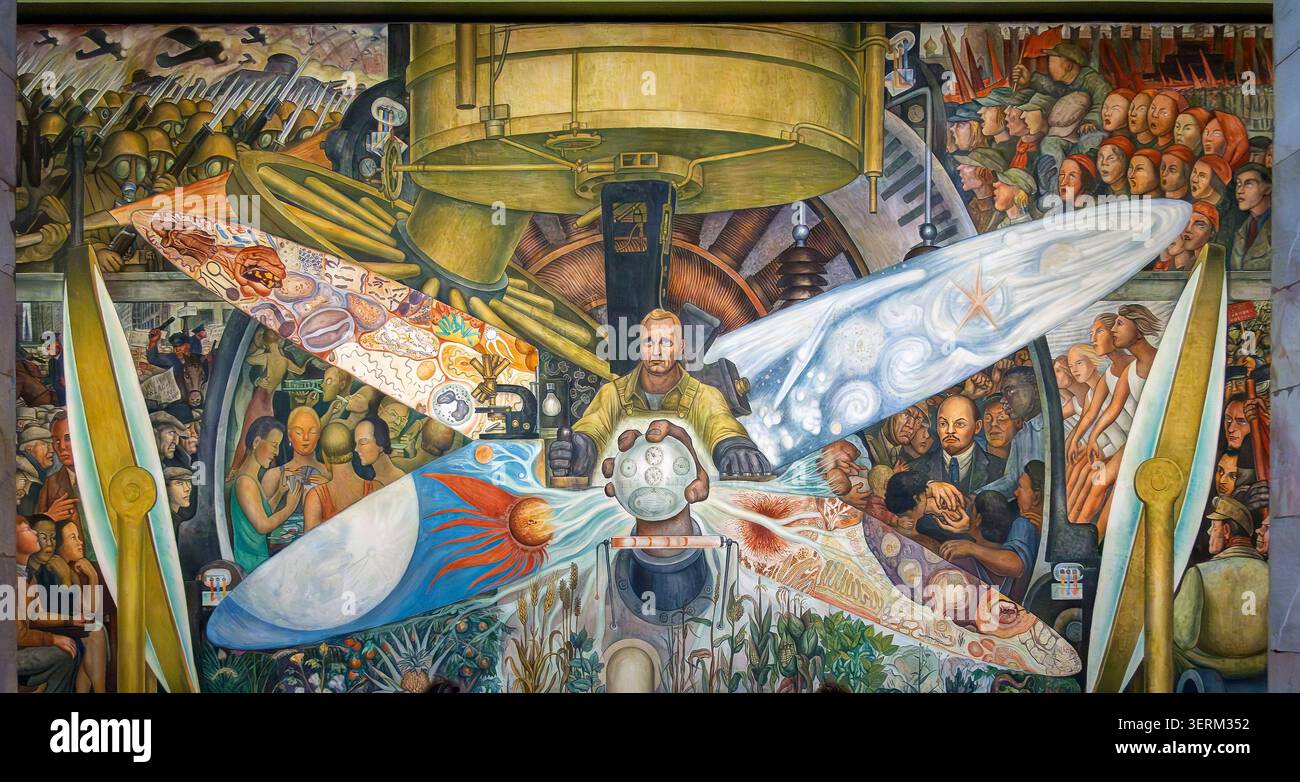 Détail partiel de la fresque El Hombre Controlador del Universo de Diego Rivera de 1934 dans le Palacio de Bellas Artes, Mexico, Mexique Banque D'Images