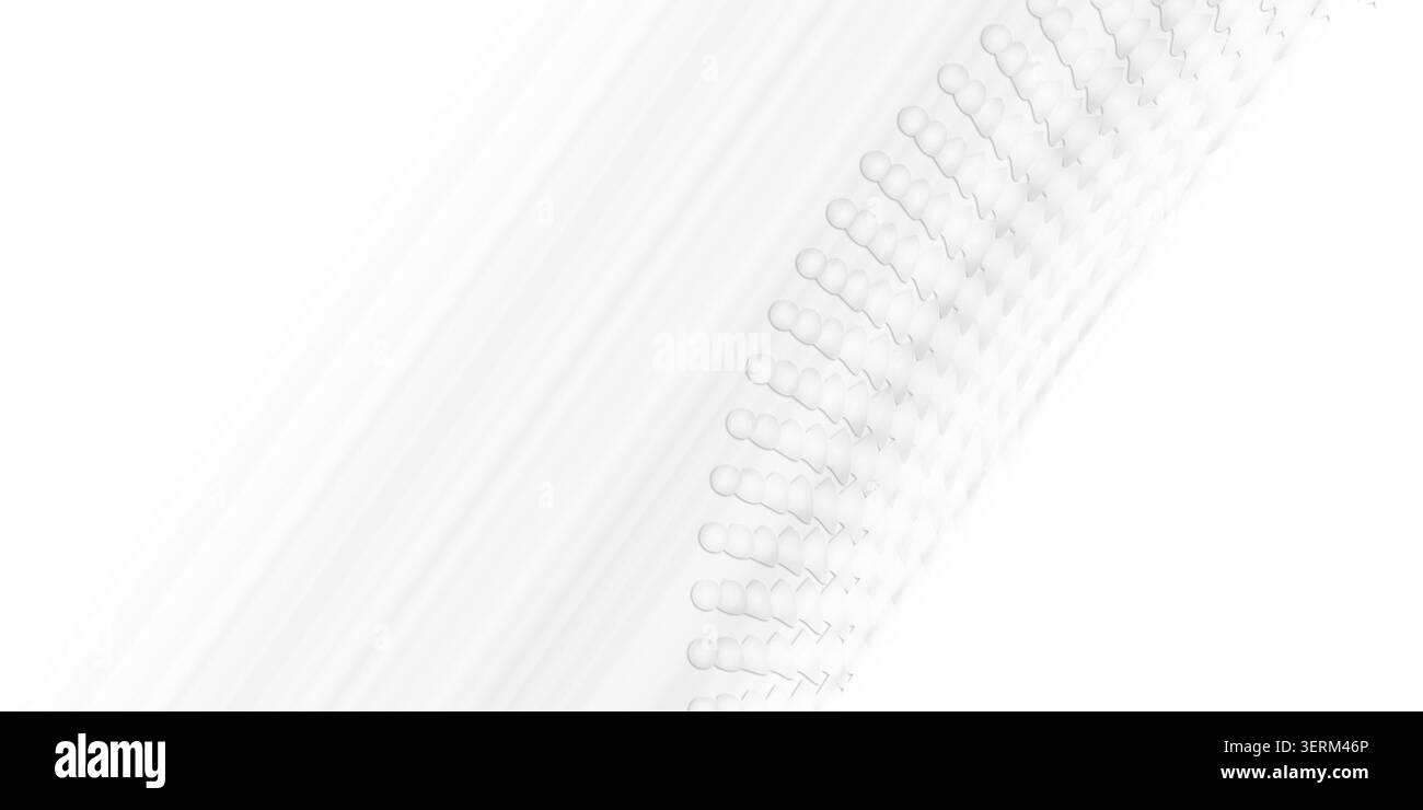 Un graphique abstrait épuré et minimaliste avec des lignes diagonales subtiles et un motif délicat et incurvé de sphères, isolé sur un fond blanc pur. Banque D'Images