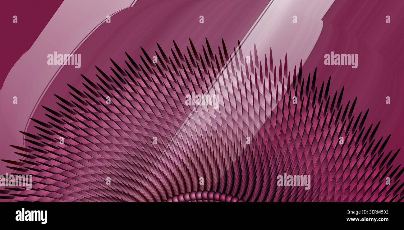 Une composition 3D abstraite magenta et violette vibrante avec une disposition radiale d'éléments pointus ressemblant à des pointes avec un arrière-plan fluide et fluide. Banque D'Images