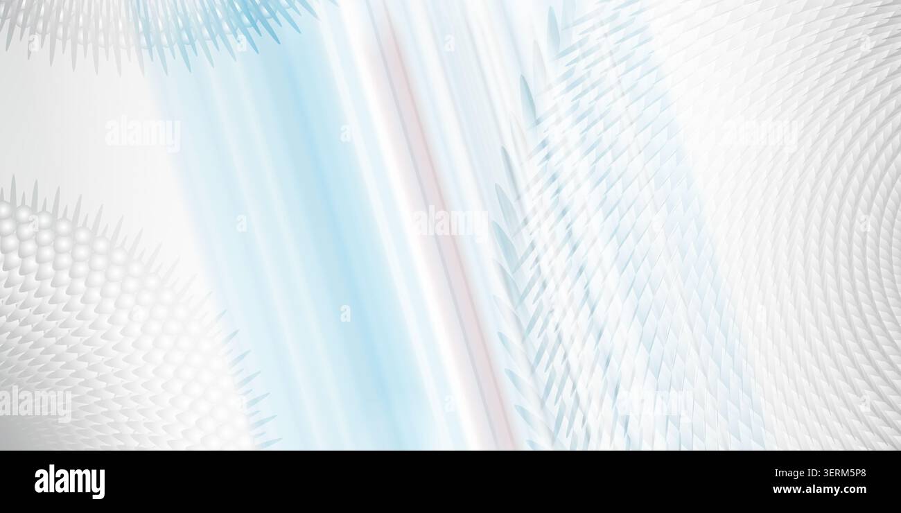 Un fond d'art numérique abstrait avec des formes géométriques répétitives, des motifs radiaux et des stries de lumière bleues et blanches douces sur un dos blanc propre Banque D'Images