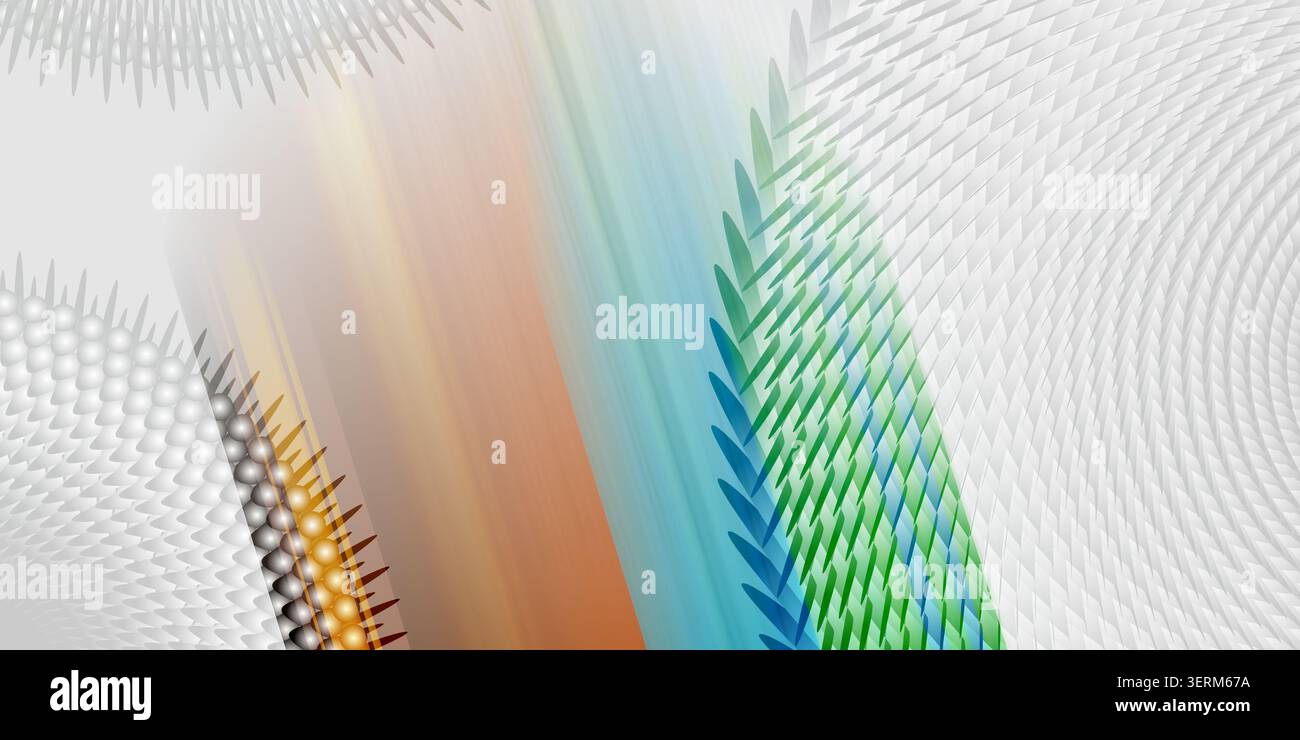 Composition abstraite montrant des pointes géométriques répétitives et des motifs circulaires passant par un spectre de gradients orange, bleu et vert. Banque D'Images