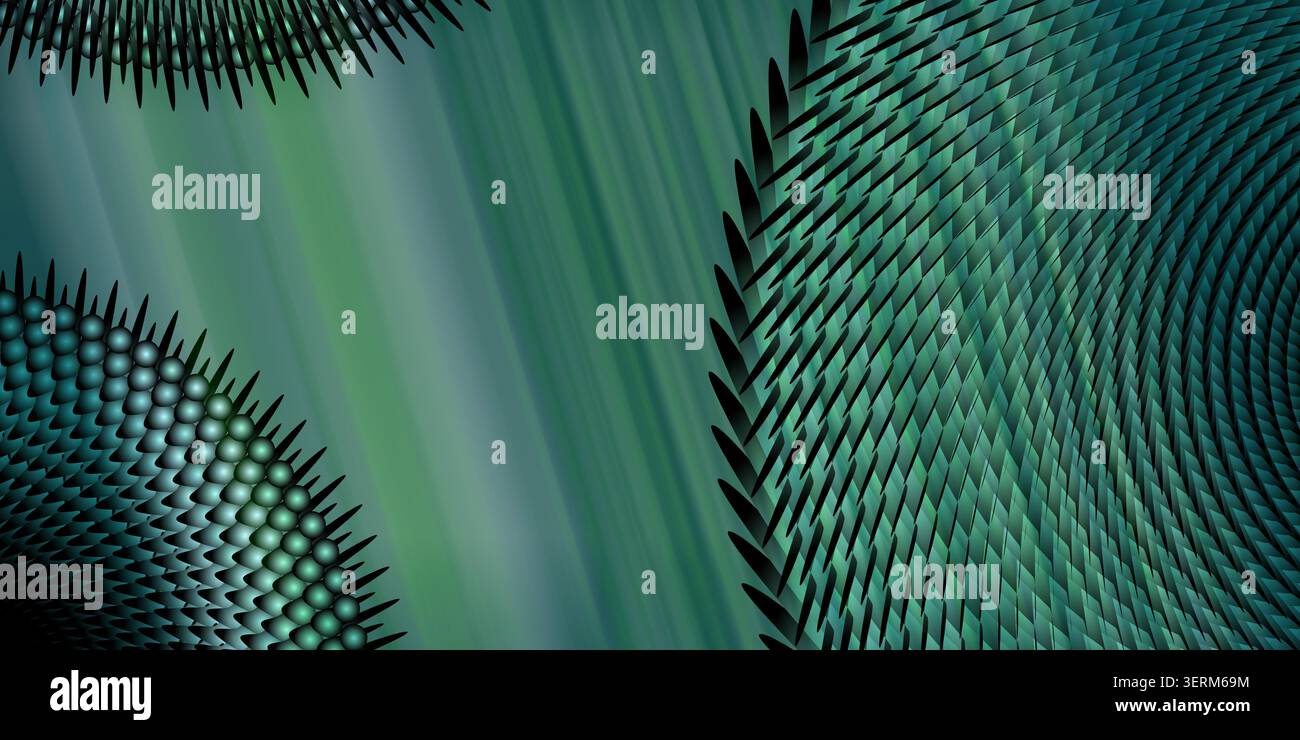 Une composition d'art numérique abstrait avec des motifs radiaux verts, des textures sphériques et des éléments géométriques pointus créant une sensation de profondeur et de Mo Banque D'Images