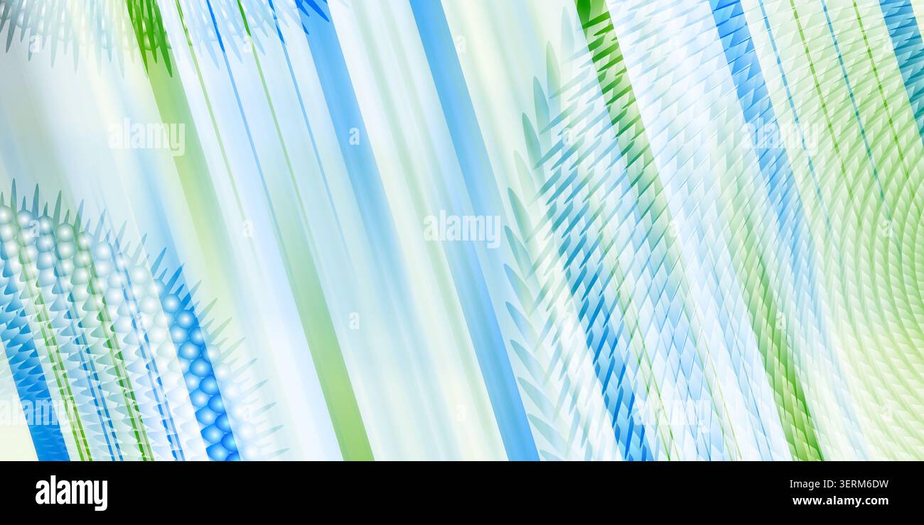 Un fond d'art numérique abstrait avec des bandes diagonales dans les tons de bleu et de vert, combinées à des motifs géométriques complexes et répétitifs de pointes Banque D'Images